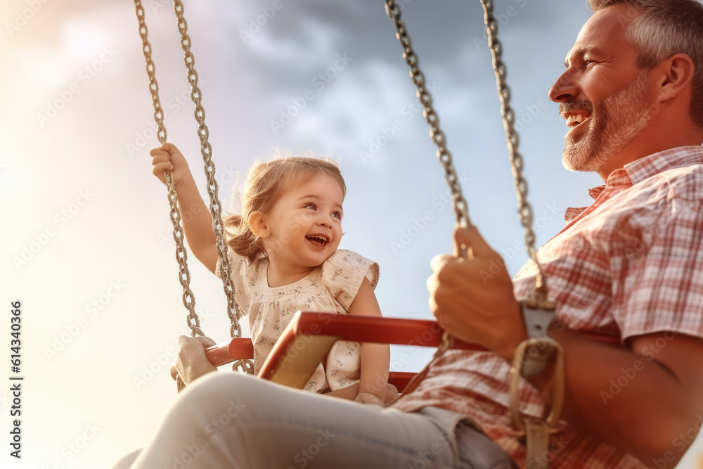 Cheerful dad and daughter are swinging on a swing. Generative AI Cheerful dad and daughter are swinging on a swing. Generative AI