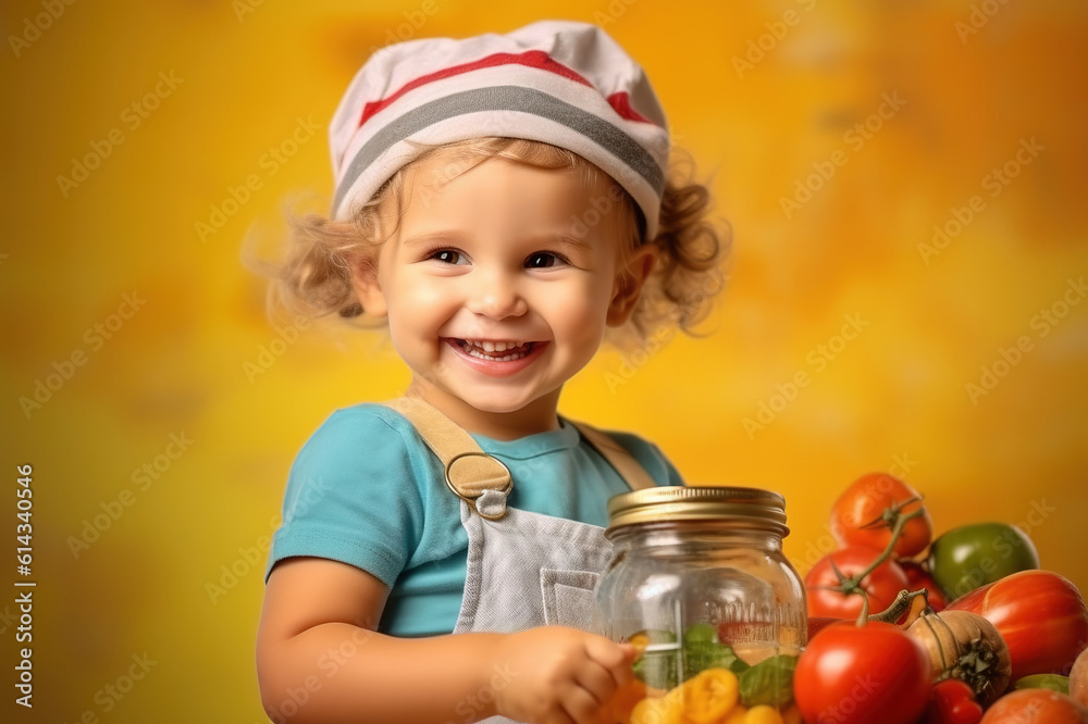 A little girl advertises glass jars with food. Generative AI A little girl advertises glass jars with food. Generative AI