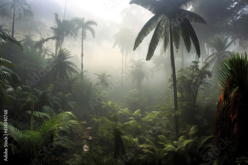 Jungle in the fog  palm trees in the haze  morning jungle  rainforest in the fog