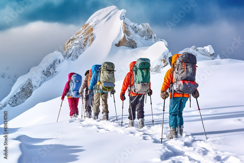 Obraz na płótnie A group of climbers climb the mountains in winter. Generative AI