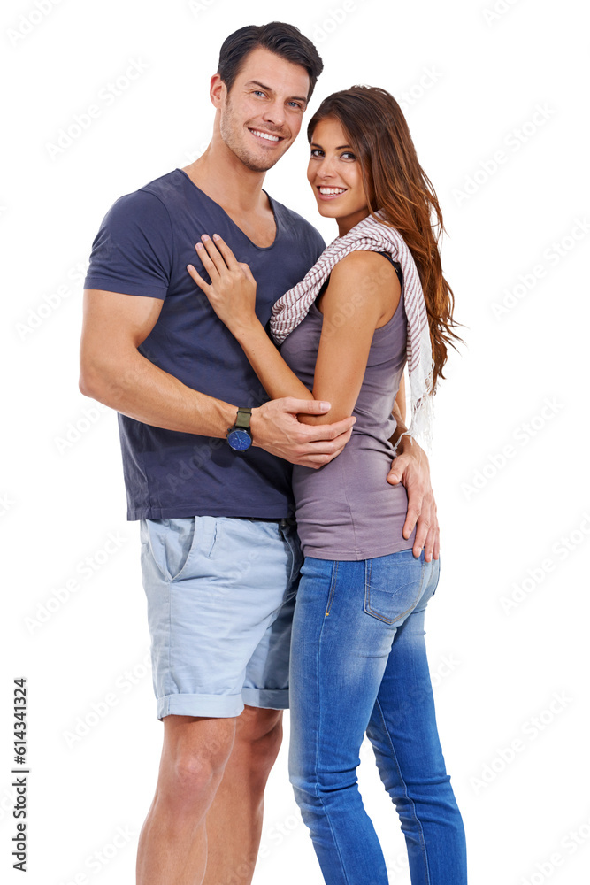 Hug, love and smile with portrait of couple on transparent background for date, romance and affectionate. Happy, relationship and trust with man and woman isolated on png for partnership and embrace