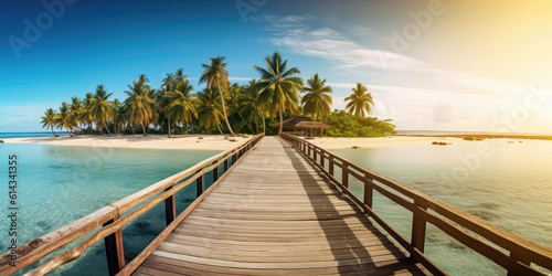 Nature panoramic landscape: Amazing Panorama sandy tropical beach with silhouette coconut palm tree in crystal clear sea and scenery wooden bridge out of the horizon © Sasint