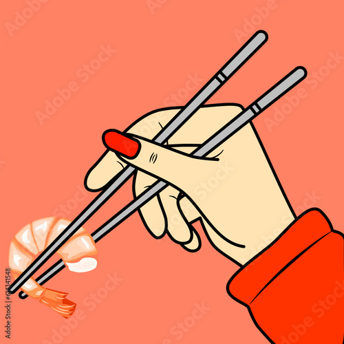 Hand holding roasted tails of shrimp with chopsticks, isolated peach background. Vector illustration.