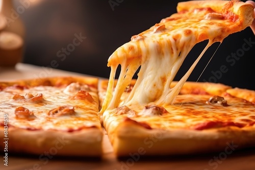 Fotografia A slice of fried, hot Italian pizza with sticky cheese