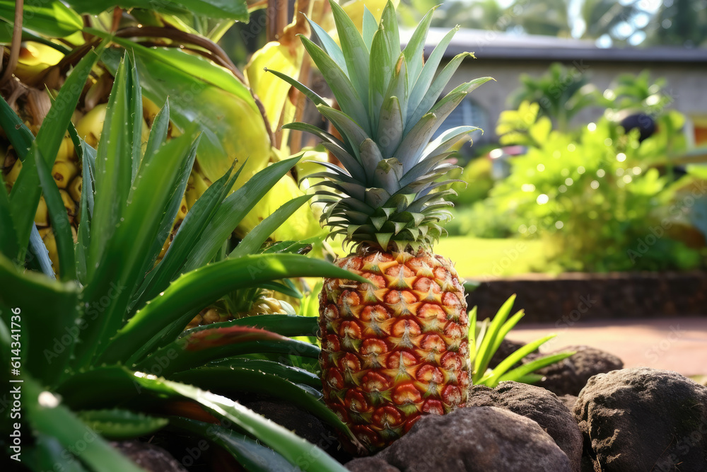 Pineapple tropical fruit growing in garden. space for texture Pineapple tropical fruit growing in garden. space for texture
