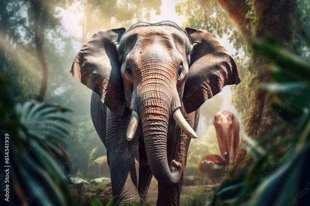 Portrait of an elephant in the jungle. Generative AI