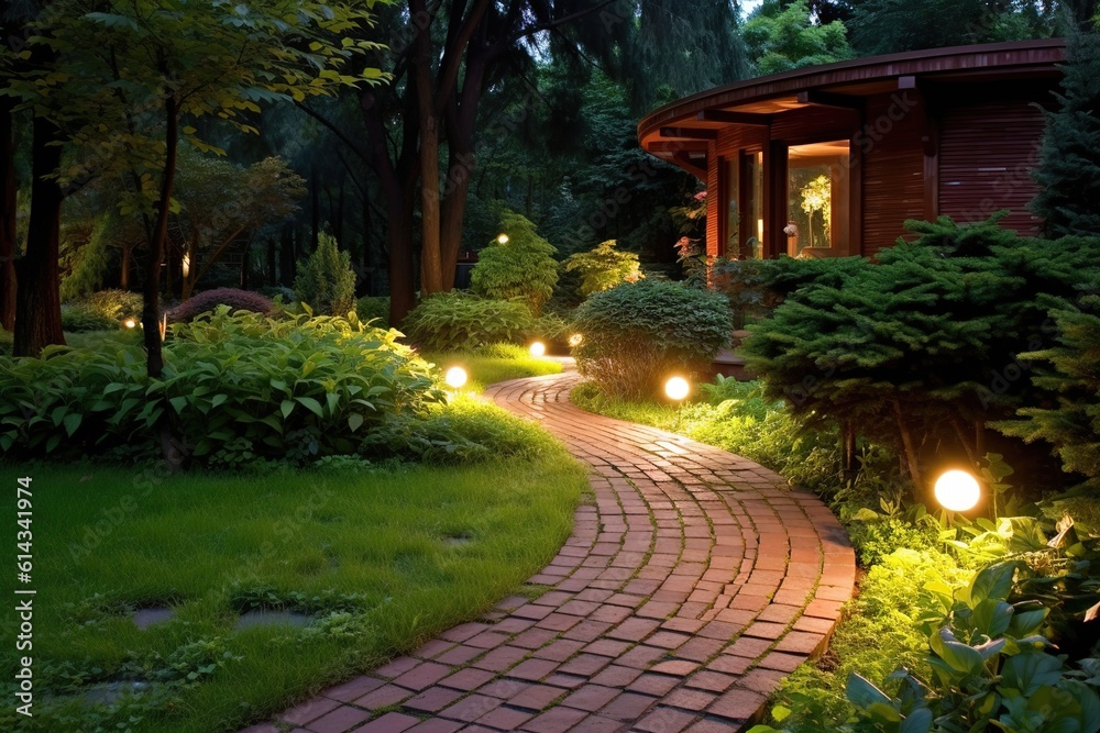 Winding path in the garden of clinker tiles illuminated by lanterns. Generative AI.