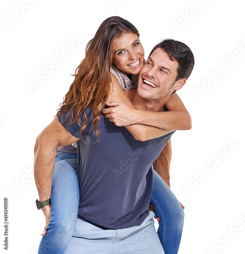 Portrait, piggyback or happy couple with romance in relationship isolated on transparent png background. Smile, romantic man or playful woman hugging to celebrate bonding together on anniversary date photo