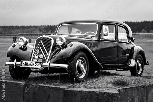 FINOWFURT, GERMANY - MAY 06, 2023: The full-size car Citroen Traction Avant 11B, 1953. Black and white. Race festival 2023. Season opening.