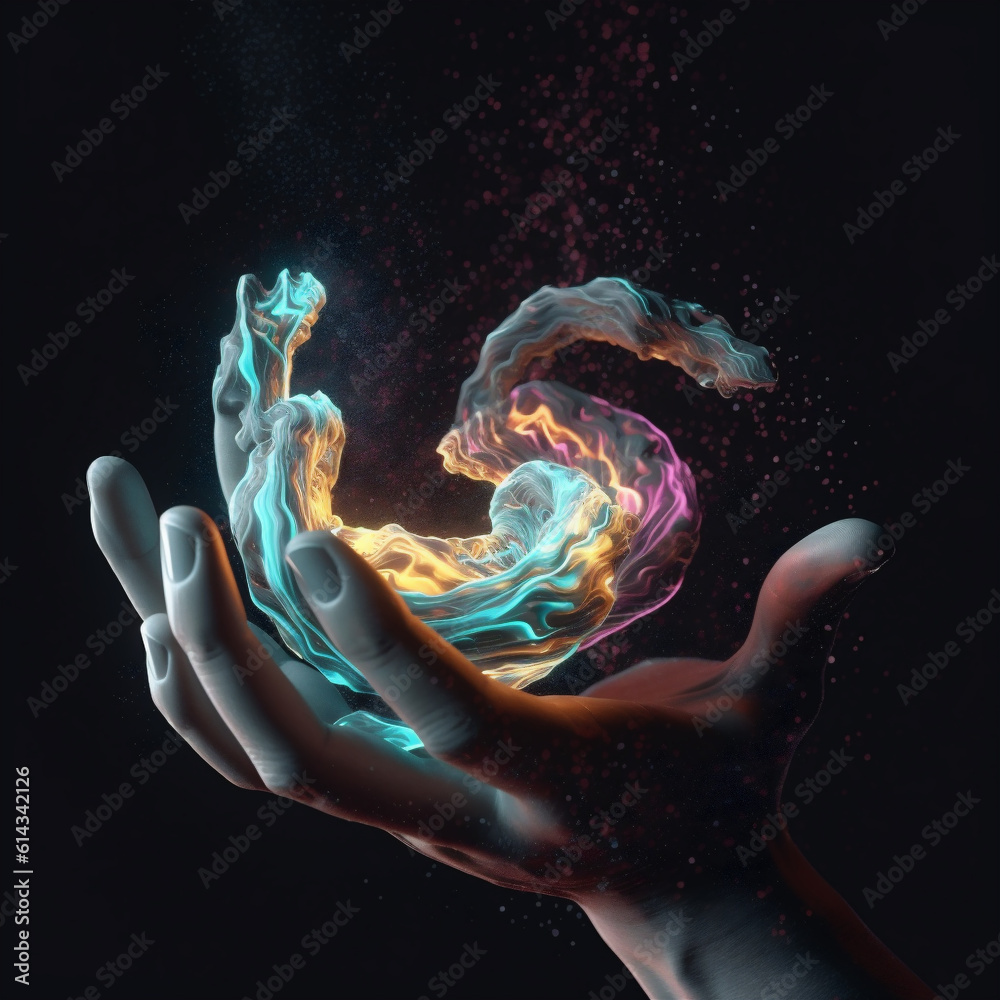 Cosmic nebula held in hand, surreal picture