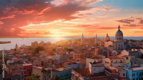 a beautifull landscape in havana with a sunset in the background, Generative AI