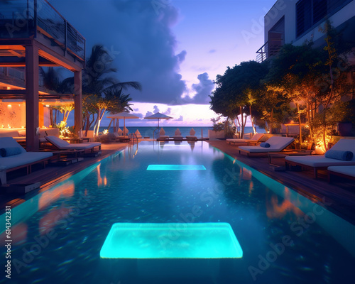 Beautiful seaside hotel pool view at dusk