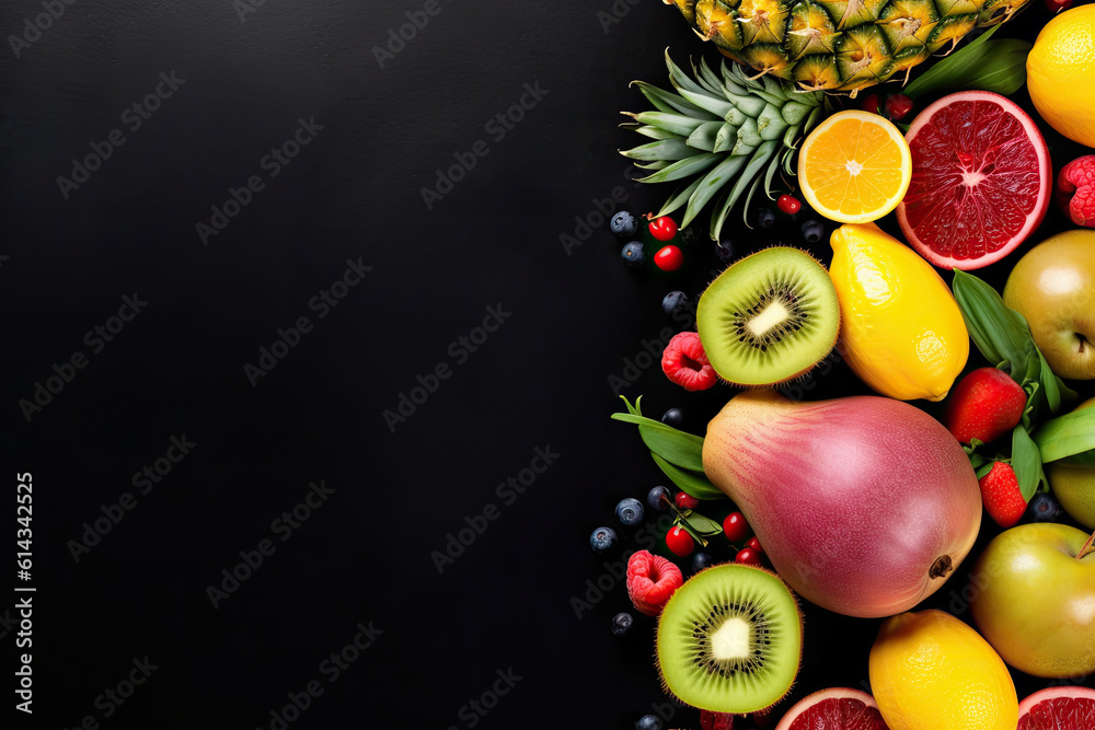 Tropical fruits - passion fruit, pineapple, dragon fruit, kiwi and cactus on a black background. Top view. Free space for text. Tropical fruits - passion fruit, pineapple, dragon fruit, kiwi and cactus on a black background. Top view. Free space for text.