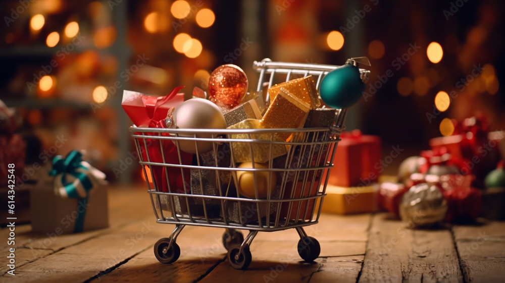 christmas shopping composition with basket, Generative AI christmas shopping composition with basket, Generative AI