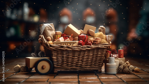 christmas shopping composition with basket, Generative AI photo