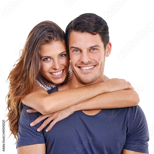 Portrait, love or happy couple hugging for romance in relationship isolated on transparent png background. Smile, romantic man or fun woman enjoy or celebrate bonding together on anniversary date