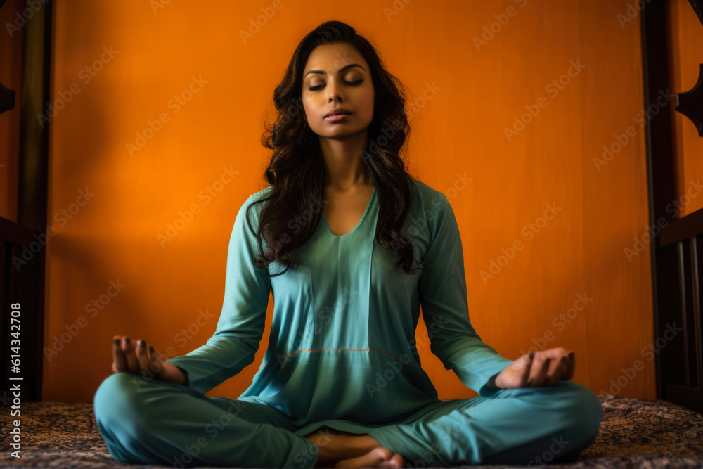 Hindu woman meditating alone at home. Generative AI Hindu woman meditating alone at home. Generative AI