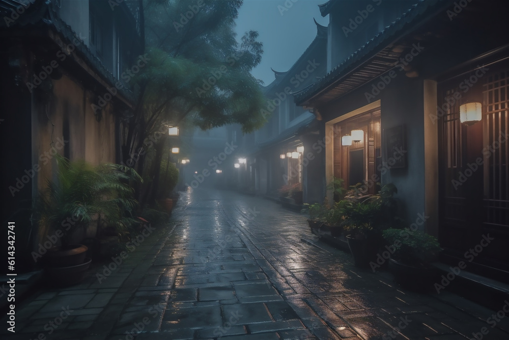 Street scene in rainy season evening in traditional Chinese ancient town Street scene in rainy season evening in traditional Chinese ancient town