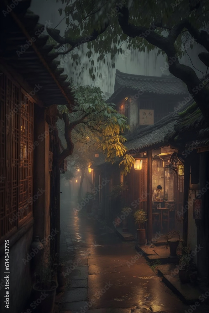 Street scene in rainy season evening in traditional Chinese ancient town