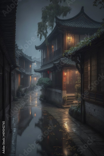 Street scene in rainy season evening in traditional Chinese ancient town © lichaoshu