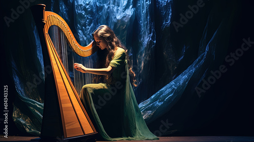 Photo A woman playing the harp on stage. Generative AI