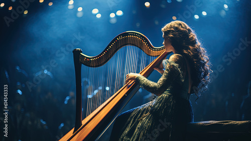 Tela Harpist playing the harp at a concert in front of an audience