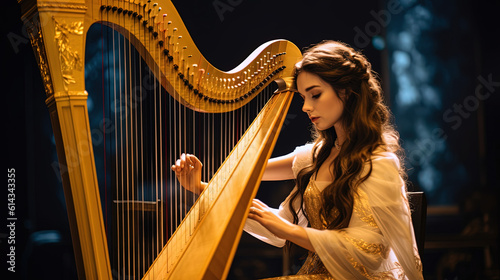 A woman playing the harp. Generative AI