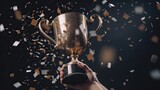 Athlete hand lifting trophy with flying confetti, champion celebration concept. Generative Ai