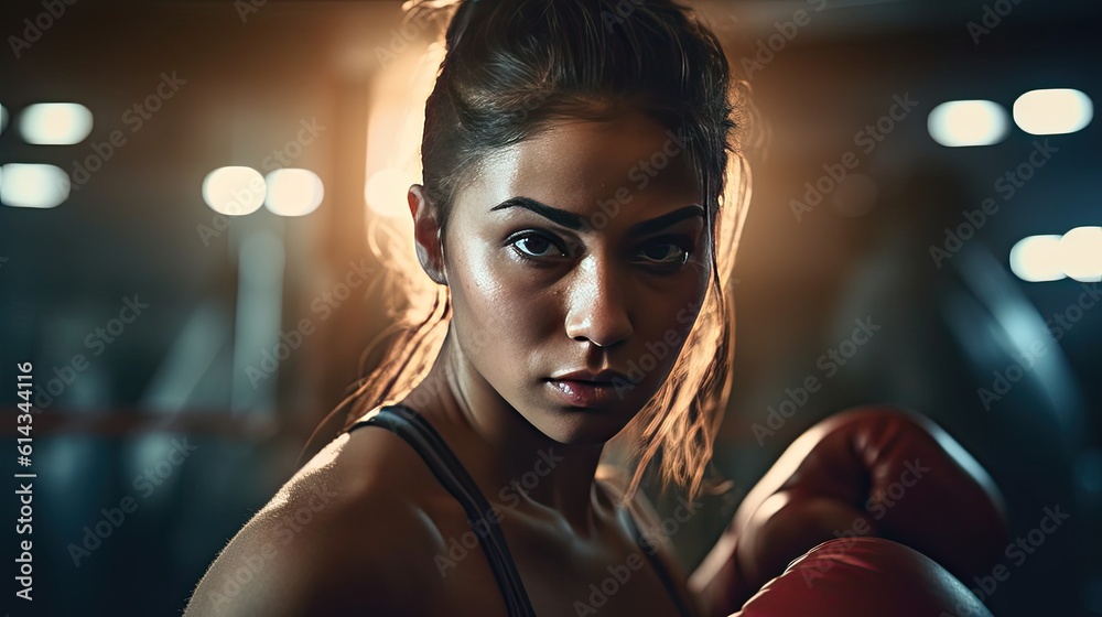 Fototapeta premium A woman training boxing at gym. Generative Ai
