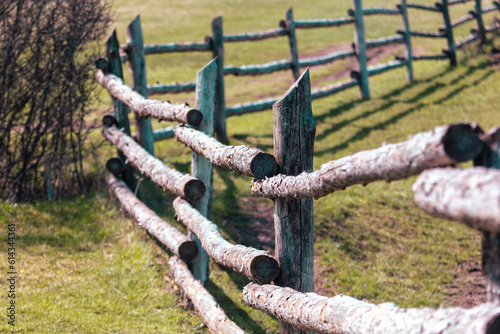 Wooden fence on the green grass in the spring. Natural background