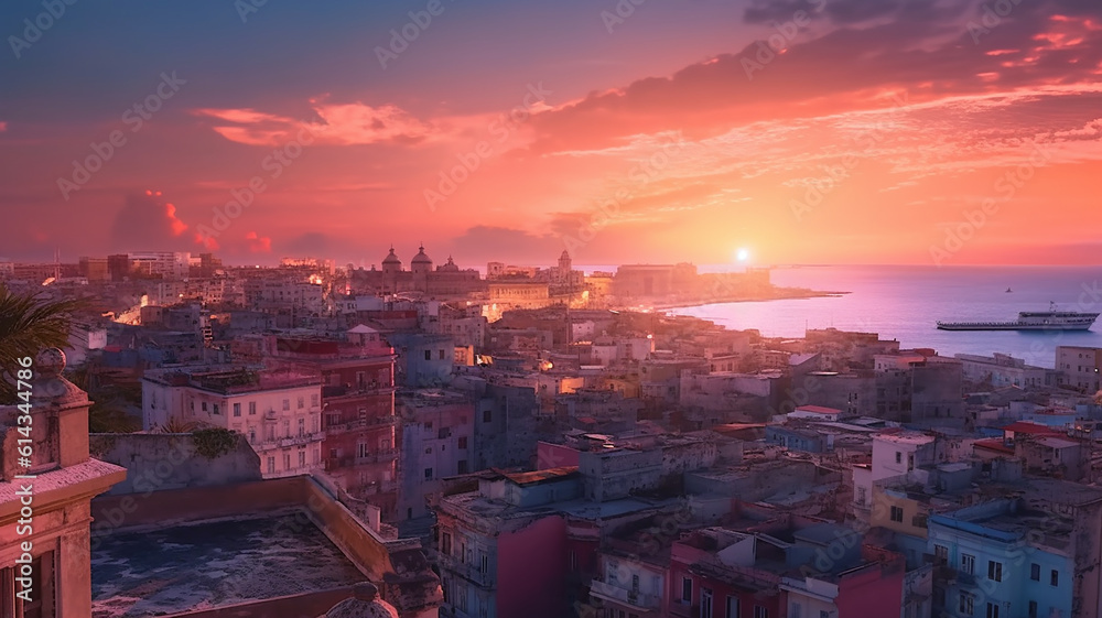 a beautifull landscape in havana with a sunset in the background, Generative AI - obrazy, fototapety, plakaty 