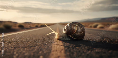 Snail on the road in the middle of the desert Generative AI