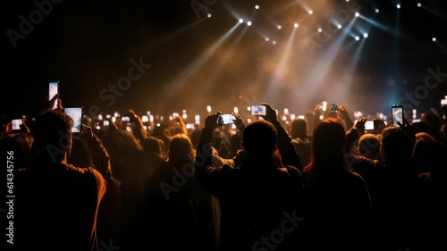 A crowd of people at a live event  concert or party holding smartphones. Large audience  crowd  or participants of a live event  in a arena type venue with bright lights above. Generative AI