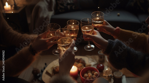 Close-up toasting hands and wine glasses at dinner table