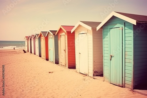 Beach cabins in multiple colors, generative ai
