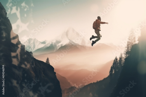 man jumping on the top of mountain