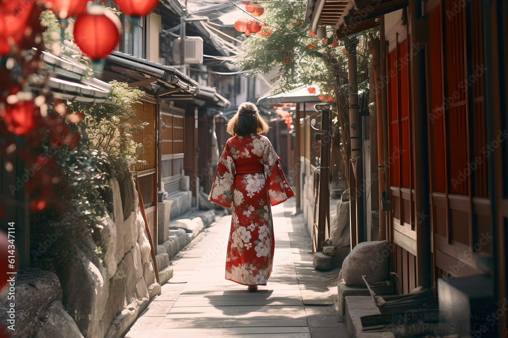 Obraz premium A Woman in Japanese Kimono Traditional Style Walking Down a Narrow Alley in Japan Town