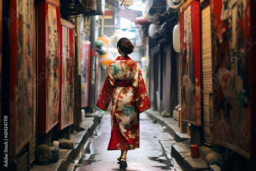 A Woman in Japanese Kimono Traditional Style Walking Down a Narrow Alley in Japan Town © devilkiddy