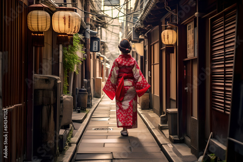 A Woman in Japanese Kimono Traditional Style Walking Down a Narrow Alley in Japan Town