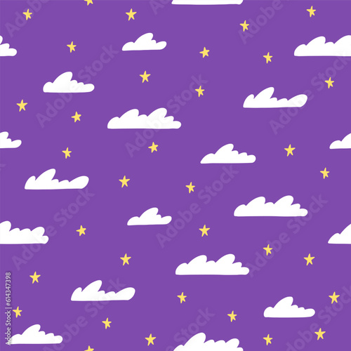 Seamless pattern with white clouds and yellow stars on a purple sky background.