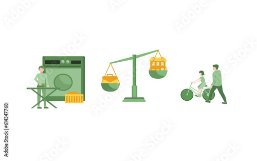 Vector Illustration of Father career and family balance metaphors. Parenting, multitasking, paternity leave. Single dad plating spending time with child and working abstract. Flat design illustration
