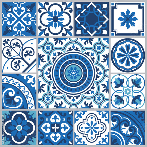 Set of blue tiles and floors. Patchwork for wallpaper. Traditional Portuguese mosaic design. Spanish majolica tile pattern. Vector illustration. Geoetric florals