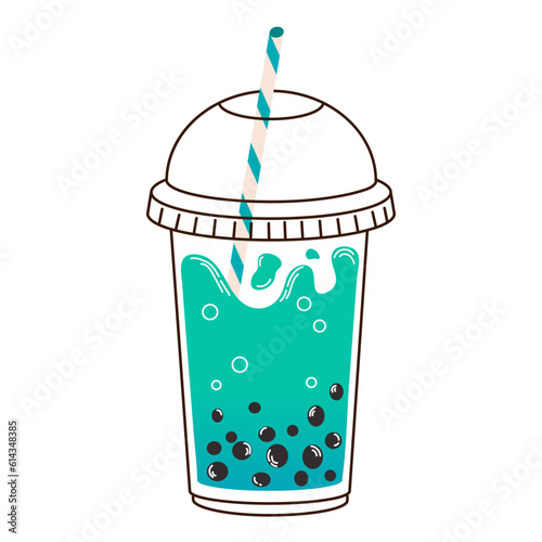 Cup of green bubble milk tea with lid, stick and tapioca in flat style isolated on white background. For print, design, poster