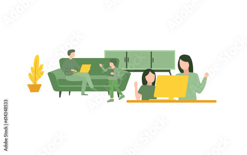 Vector Illustration about Distance learning composition with indoor scenery and kids at computers with their parents and thought bubbles. Flat design for presentation, webiste, banner, flyer