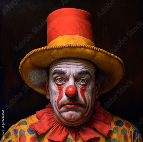 Portrait of man dressed as a clown created with generative AI.