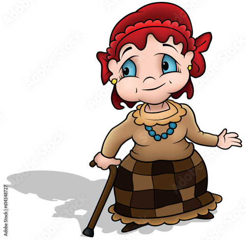Grandmother in Brown Clothes with a Red Scarf on her Head and a Cane