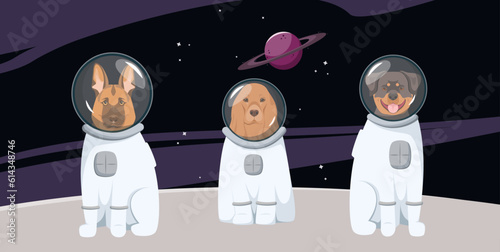 Funny dogs in spacesuits in space. Cartoon style.
