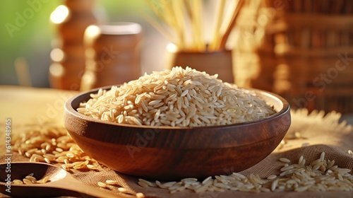 rice in wooden bowl with paddy rice isolated on white background. Generative AI