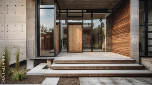 Modern house Architecture design consisting of flat concrete, glass, and wood. Generative AI
