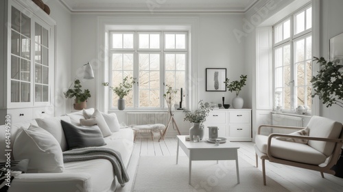 Inside a White living room. White living room with a large window, white furniture. Generative AI © Unionproject